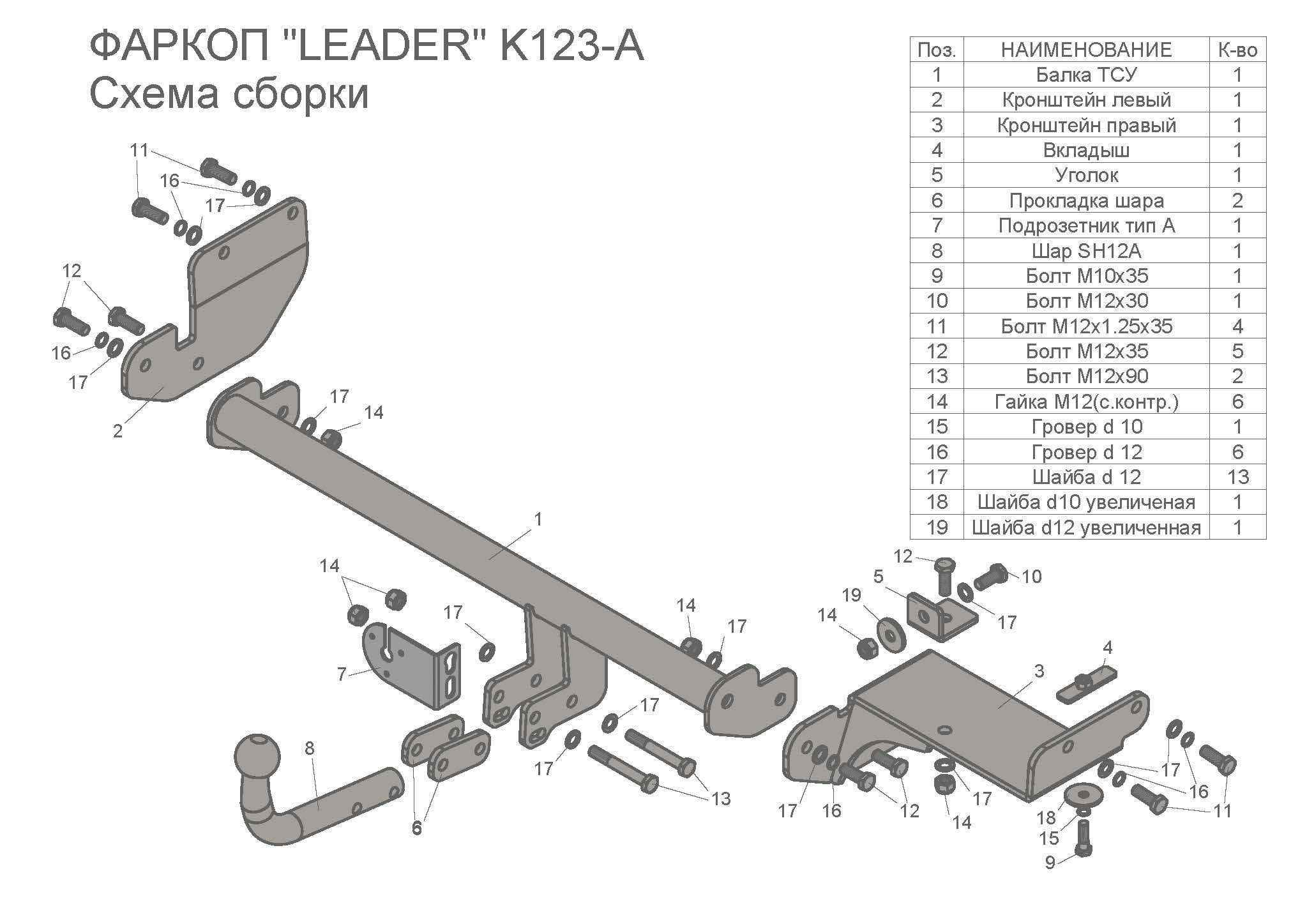 Фаркоп Leader Plus K123-A для KIA Rio X-Line 2017-20/ KIA Rio X 2021-, шар типа A