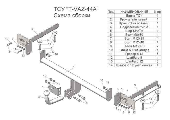 Фаркоп Leader T-VAZ-44A для LADA Vesta SW Cross (универсал) 2017-..., условно съемный шар (тип A)