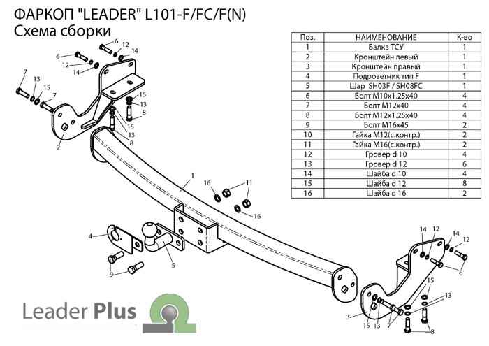 Фаркоп Leader Plus L101-F для Lexus RX 300, 330, 350, 400 (XU3) 2003-2009, условно съемный шар (тип