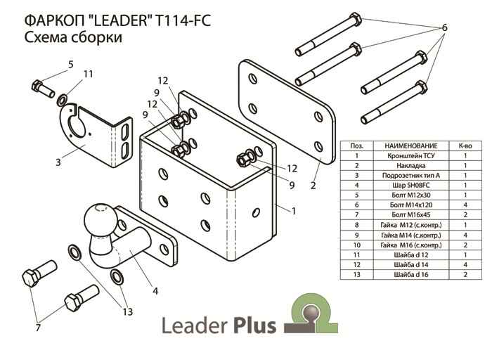Фаркоп Leader Plus T114-FC для Toyota Hilux (4WD) (N2) 2008-2015, съемный шар (тип FC)