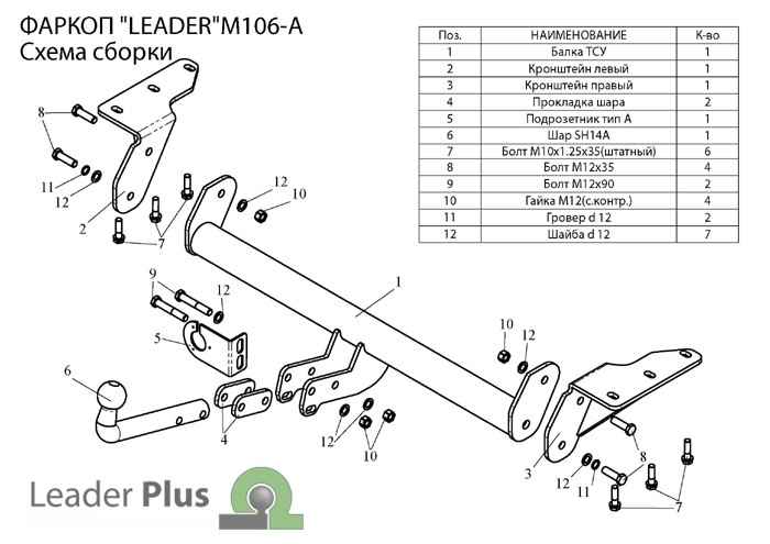 Фаркоп Leader M106-A для Mitsubishi Outlander/ Airtrek 2002-2007, условно съемный шар (тип A)