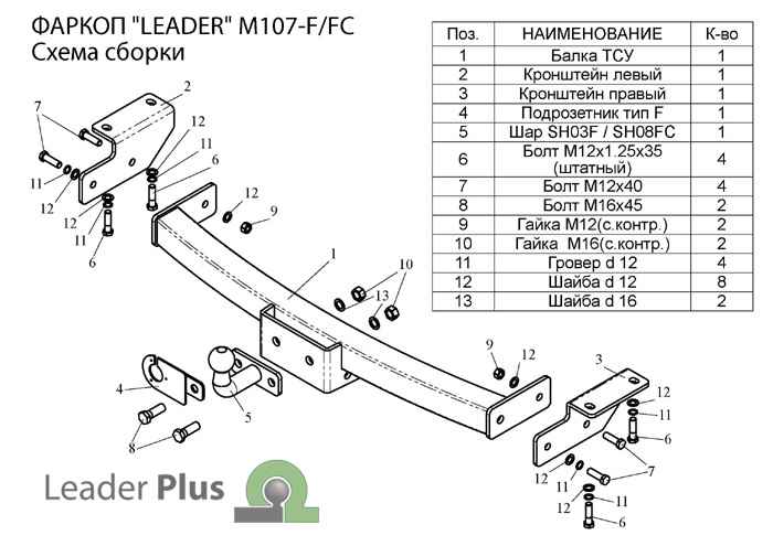 Фаркоп Leader Plus M107-FC для Mitsubishi Pajero Sport (K90) 1998-2008, съемный шар (тип FC)