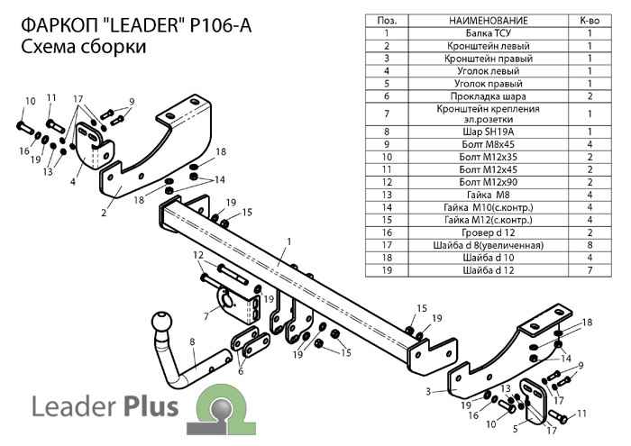 Фаркоп Leader P106-A для Peugeot 307 хэтчбек 2001-08/ Citroen C4 хэтчбек 2011-, шар типа A