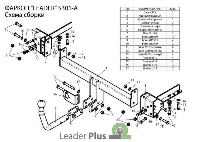 Фаркоп Leader Plus S301-A для Subaru Outback (BP) 2003-2009, условно съемный шар (тип A)
