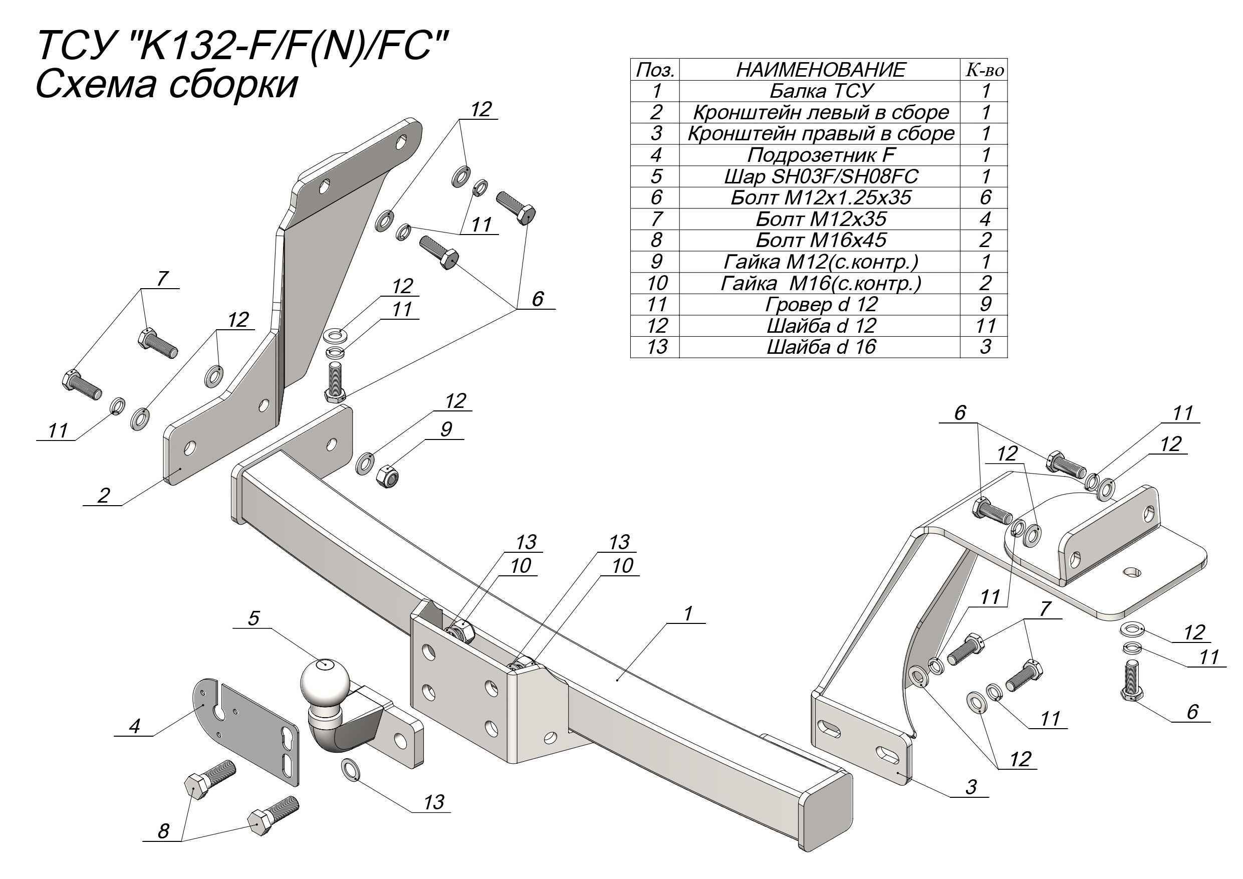 Фаркоп Leader Plus K132-FC для KIA Sorento 2020-..., съемный шар (тип FC)