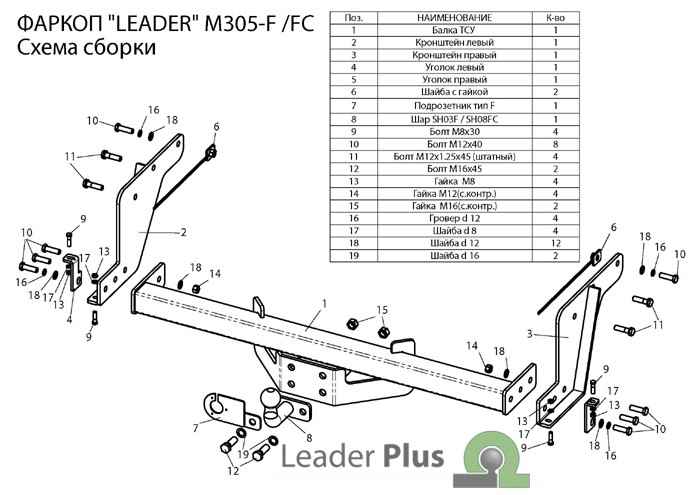 Фаркоп Leader M305-FC для Mazda BT-50 2007-..., B2500 1996-2007\ Ford Ranger 2006-2012, съемный шар